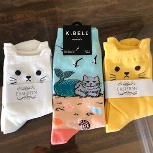Three pairs of Cat Socks. K Bell Mermaid Cat.